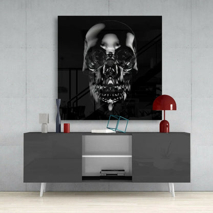 Glossy black skull glass wall art with reflective eyes