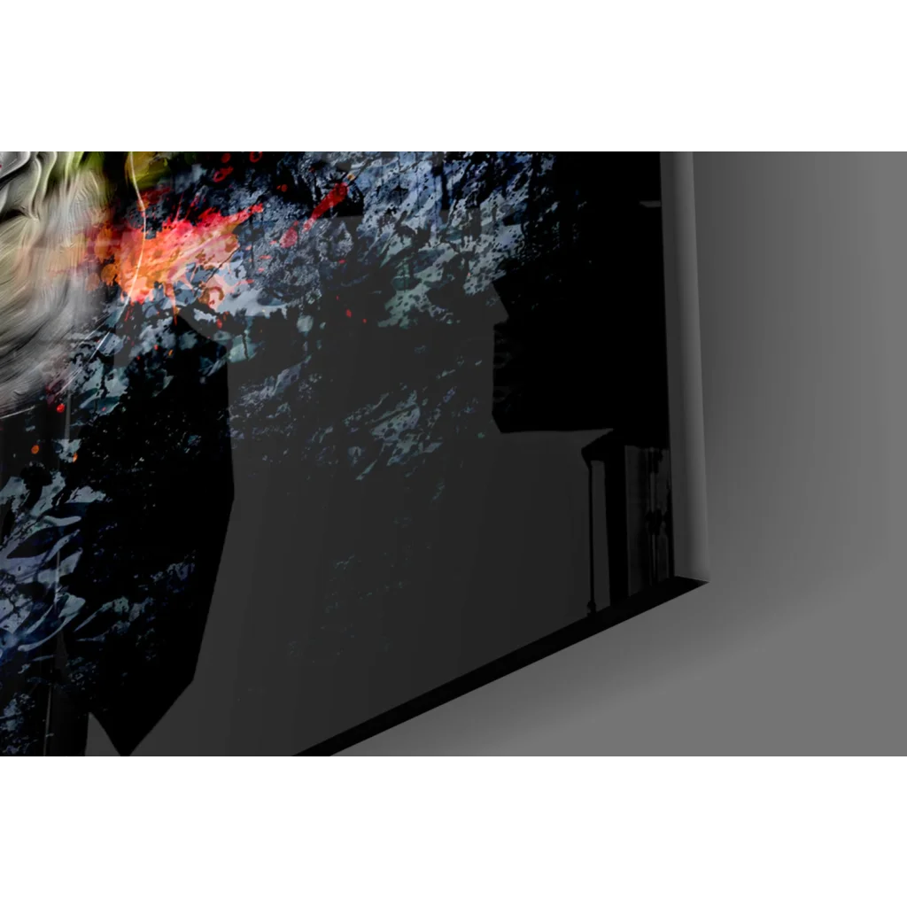 Vibrant neon skull glass wall art with explosive red, orange, yellow splashes on dark textured background