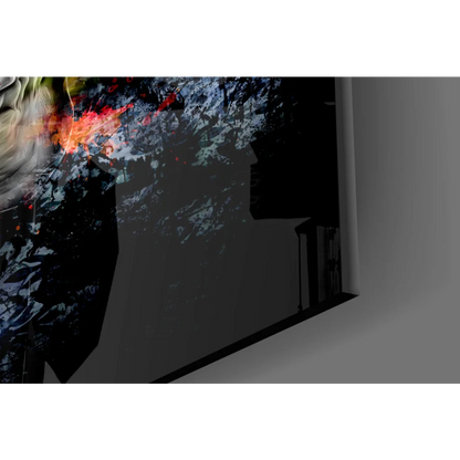 Vibrant neon skull glass wall art with explosive red, orange, yellow splashes on dark textured background