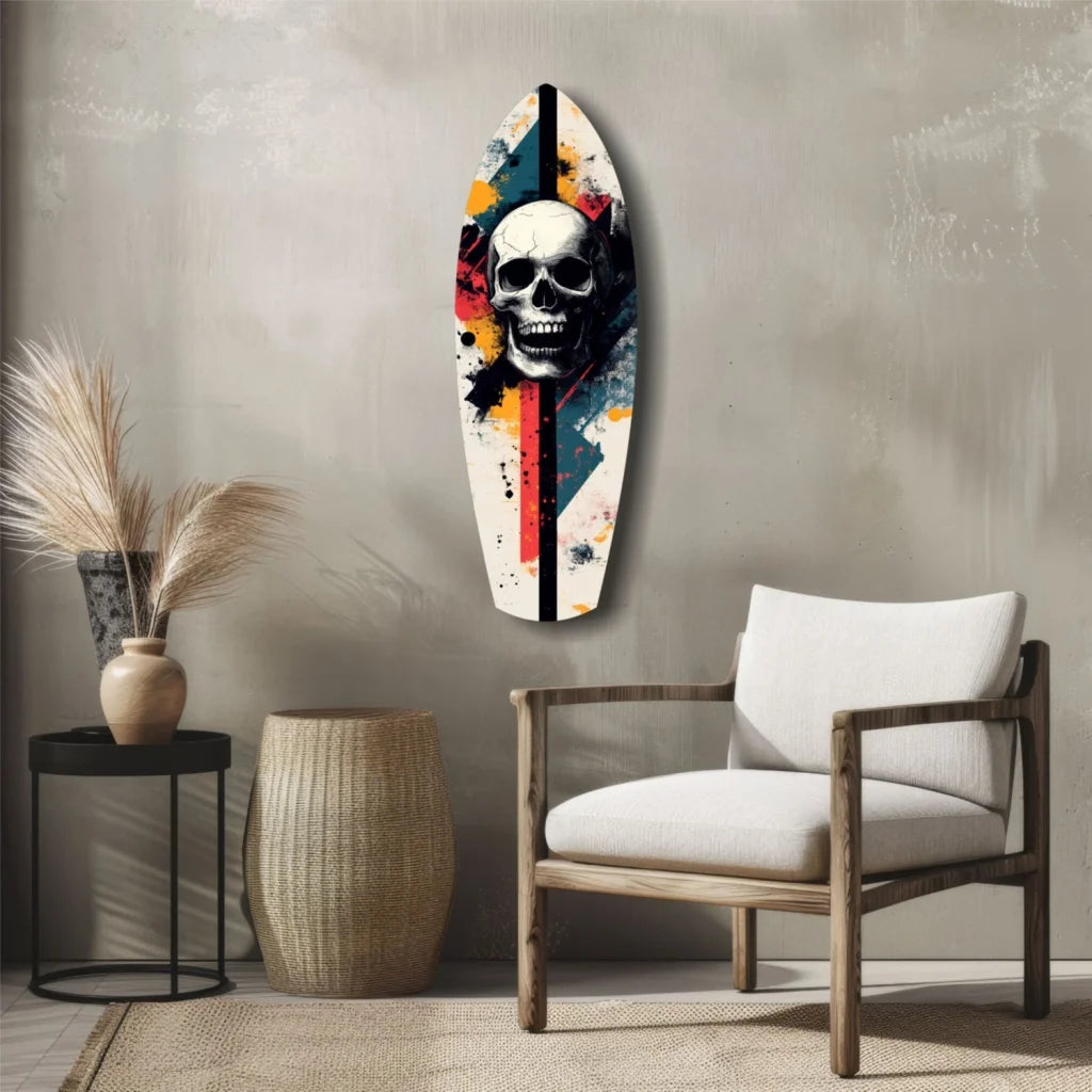 Vibrant skull surfboard tempered glass art with bold red, orange, blue splashes