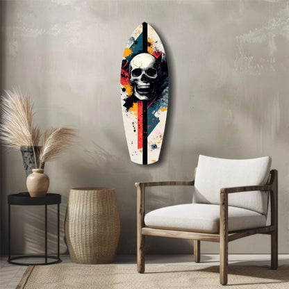 Vibrant skull surfboard tempered glass art with bold red, orange, blue splashes