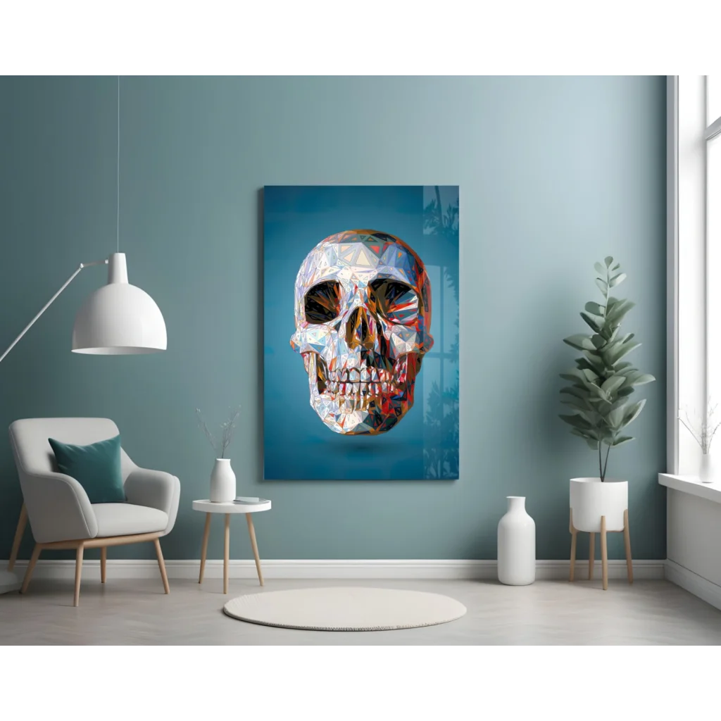 Vibrant geometric skull glass wall art in blue and gold