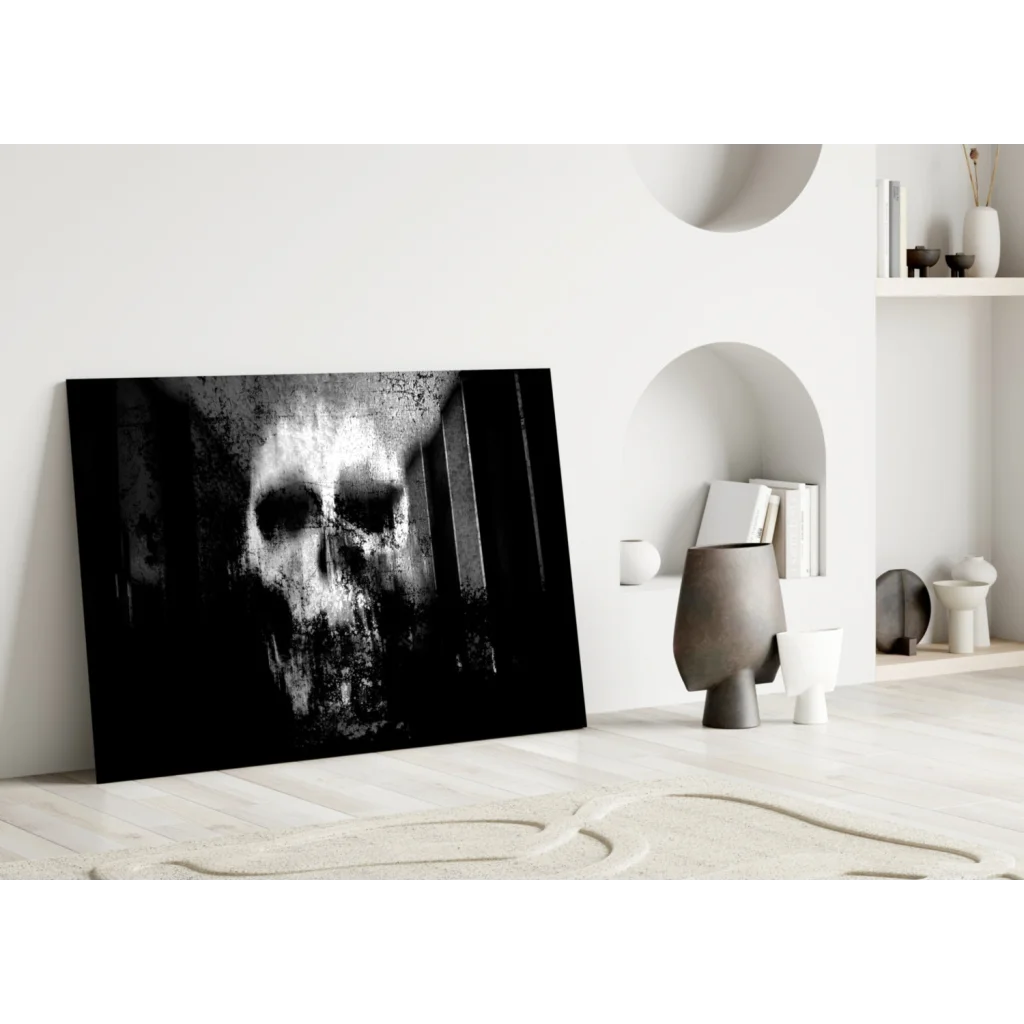 Gritty distressed skull black and white canvas wall art print
