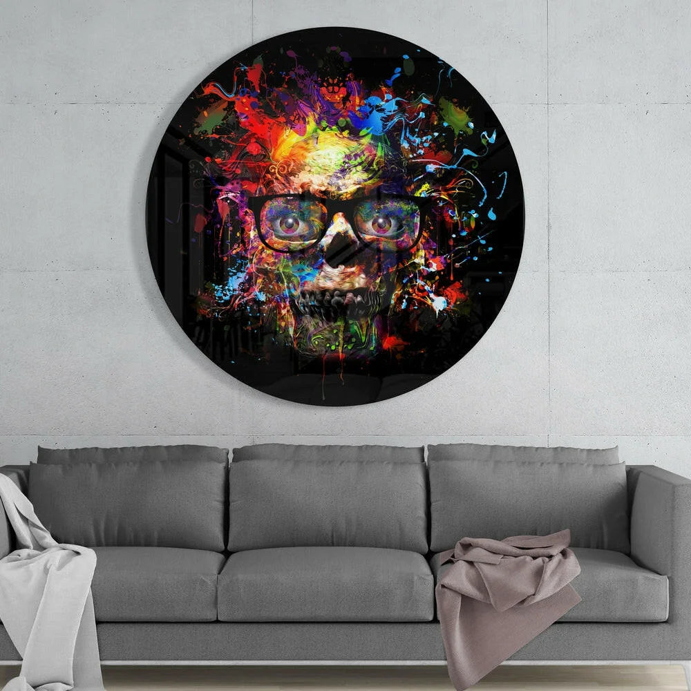 Vibrant Skull Tempered Glass Art with Size Comparison Guide | Glass Wall Art Print | vintageantiquesgifts.com