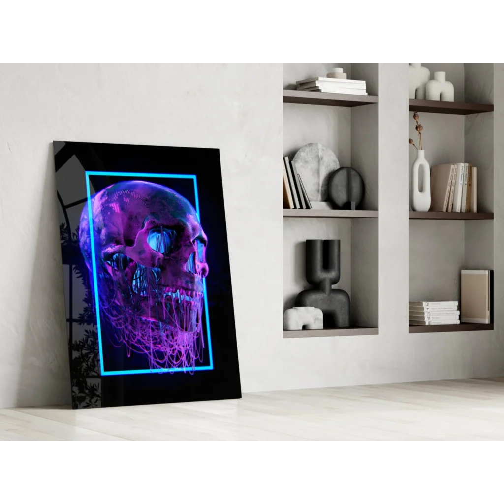 Glowing purple blue neon skull glass wall art in cyan border on black canvas