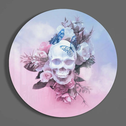 Butterfly Skull Tempered Glass Art with Pink Roses | Modern Wall Art Decor | vintageantiquesgifts.com