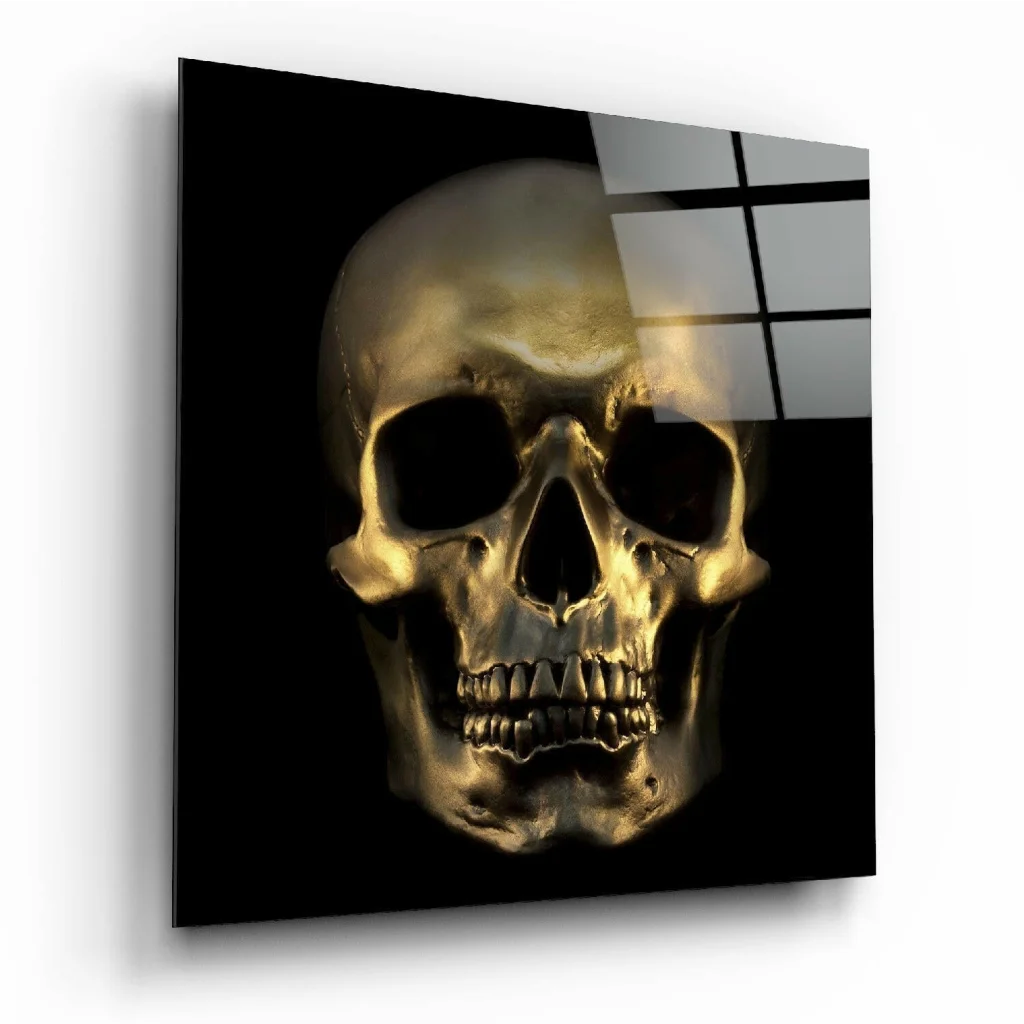 Glossy Gold Skull Glass Wall Art on Black Panel | Insigneart USA | vintageantiquesgifts.com