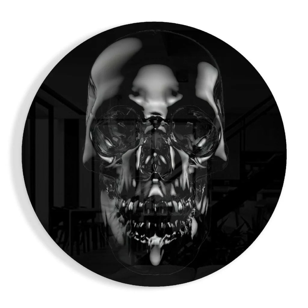 Glossy black tempered glass art with reflective skull design