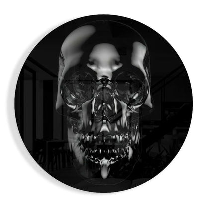 Glossy black tempered glass art with reflective skull design