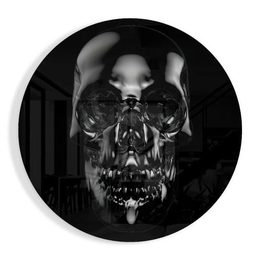 Glossy black tempered glass art with reflective skull design