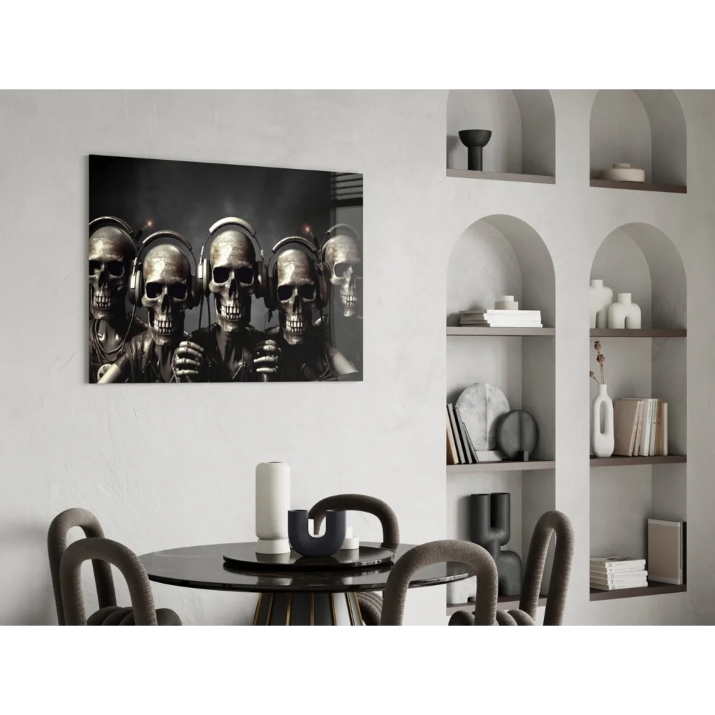 Black and silver skulls with headphones glass wall art