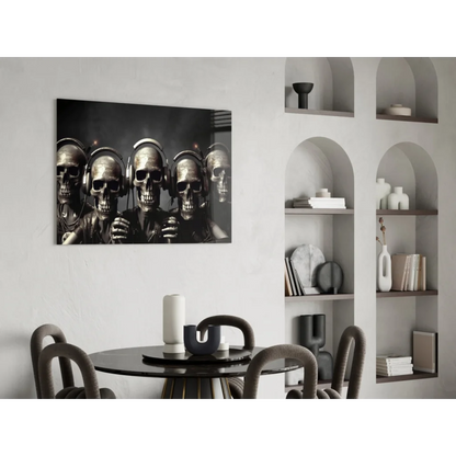 Black and silver skulls with headphones glass wall art