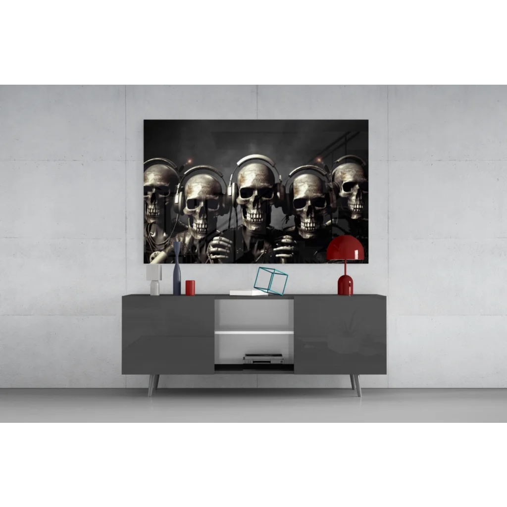 Black and silver skulls with headphones canvas wall art print