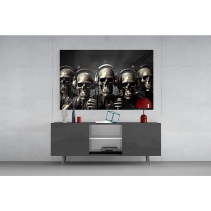 Black and silver skulls with headphones canvas wall art print