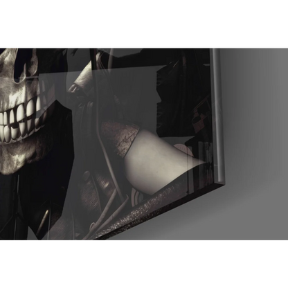 Dark metallic skull with headphones in black silver glass wall art