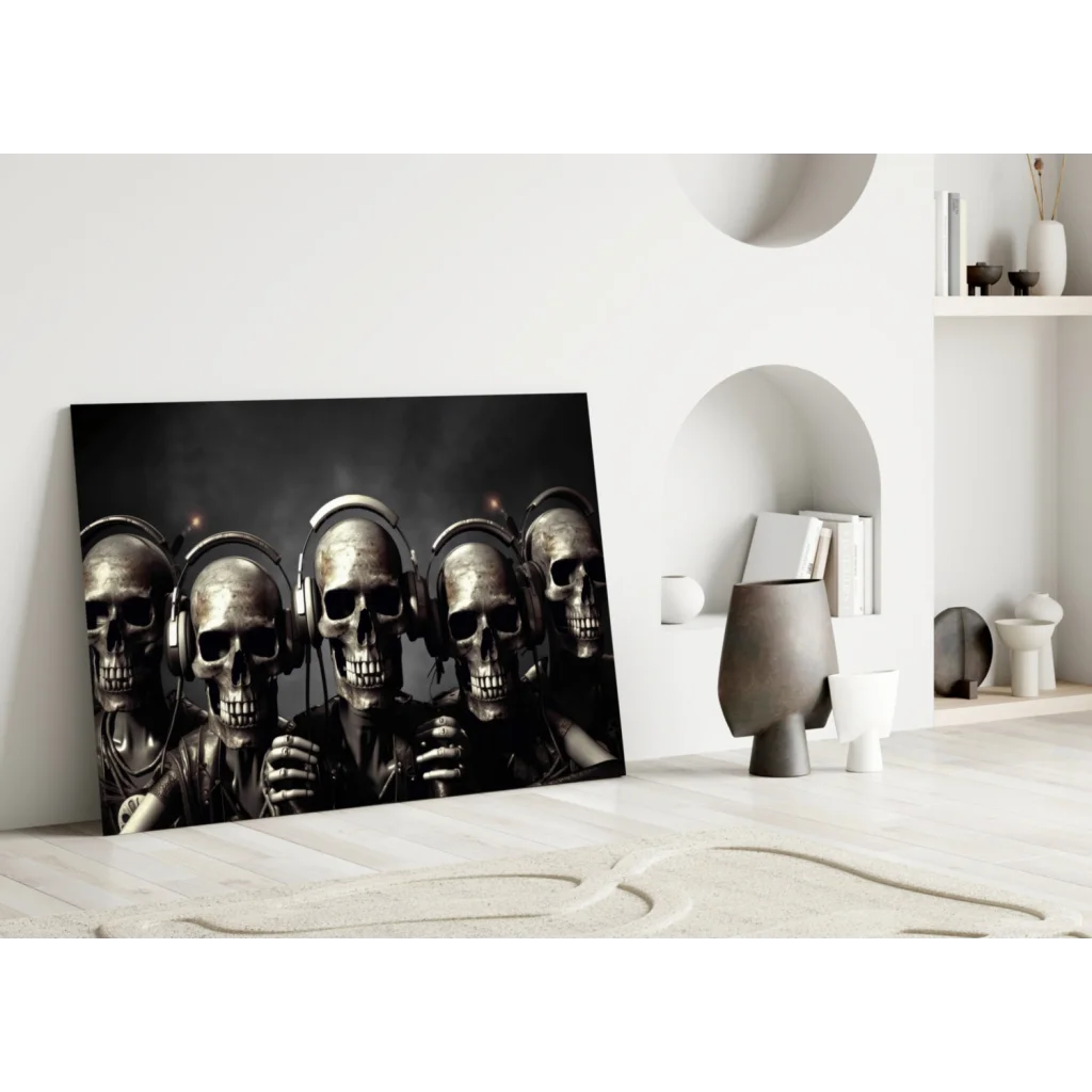 Black and silver skulls with headphones canvas wall art print
