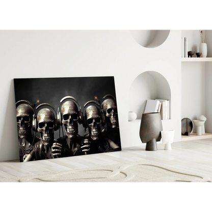 Black and silver skulls with headphones canvas wall art print