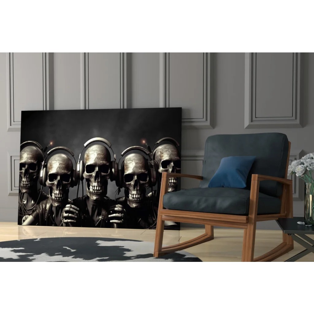 Black metallic skulls with headphones wall art canvas print