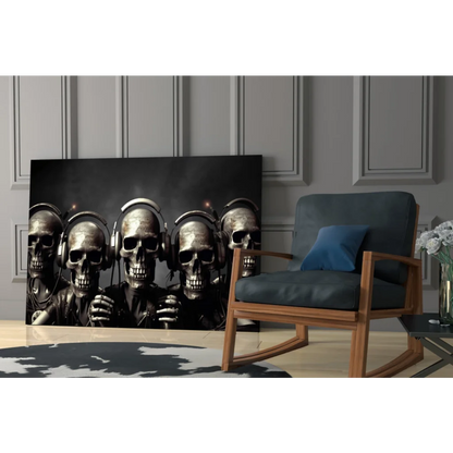 Black metallic skulls with headphones wall art canvas print