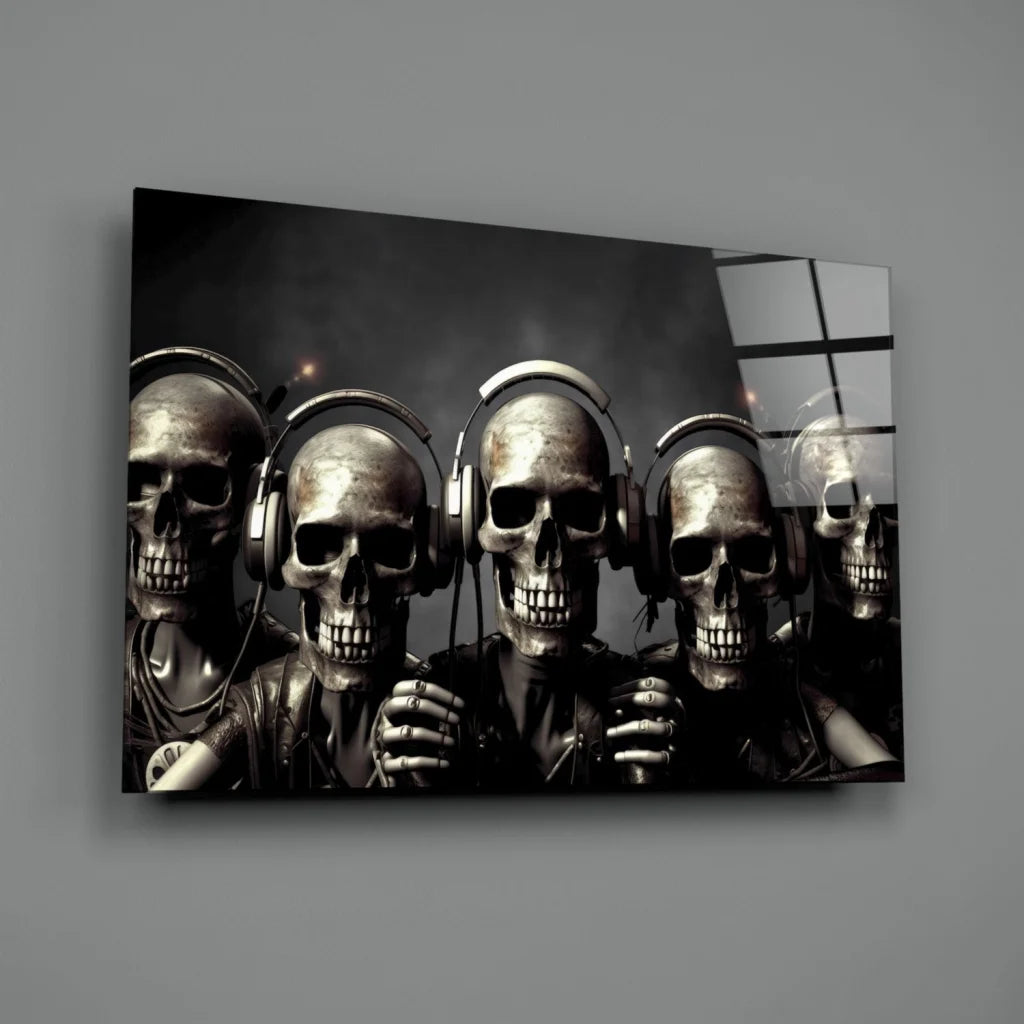Sleek black and silver skulls with headphones canvas wall art