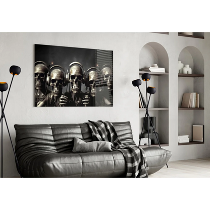 Black-and-white skulls with headphones glass wall art in silver frame