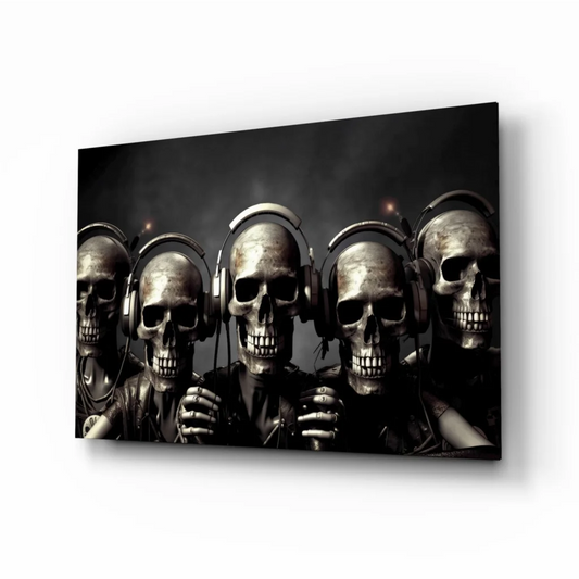 Black and silver skull wall art canvas print with headphones