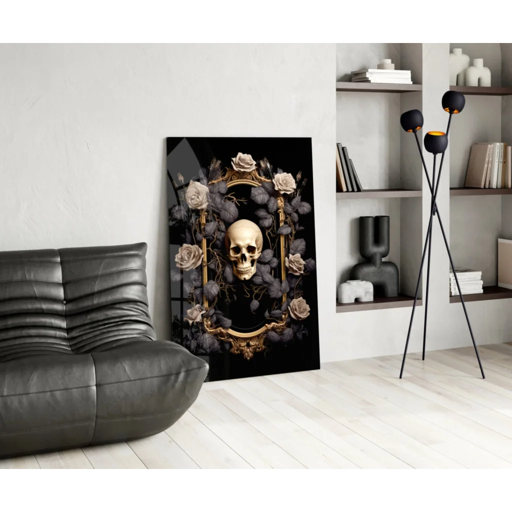 Stunning skull rose glass wall art with black frame and gold details