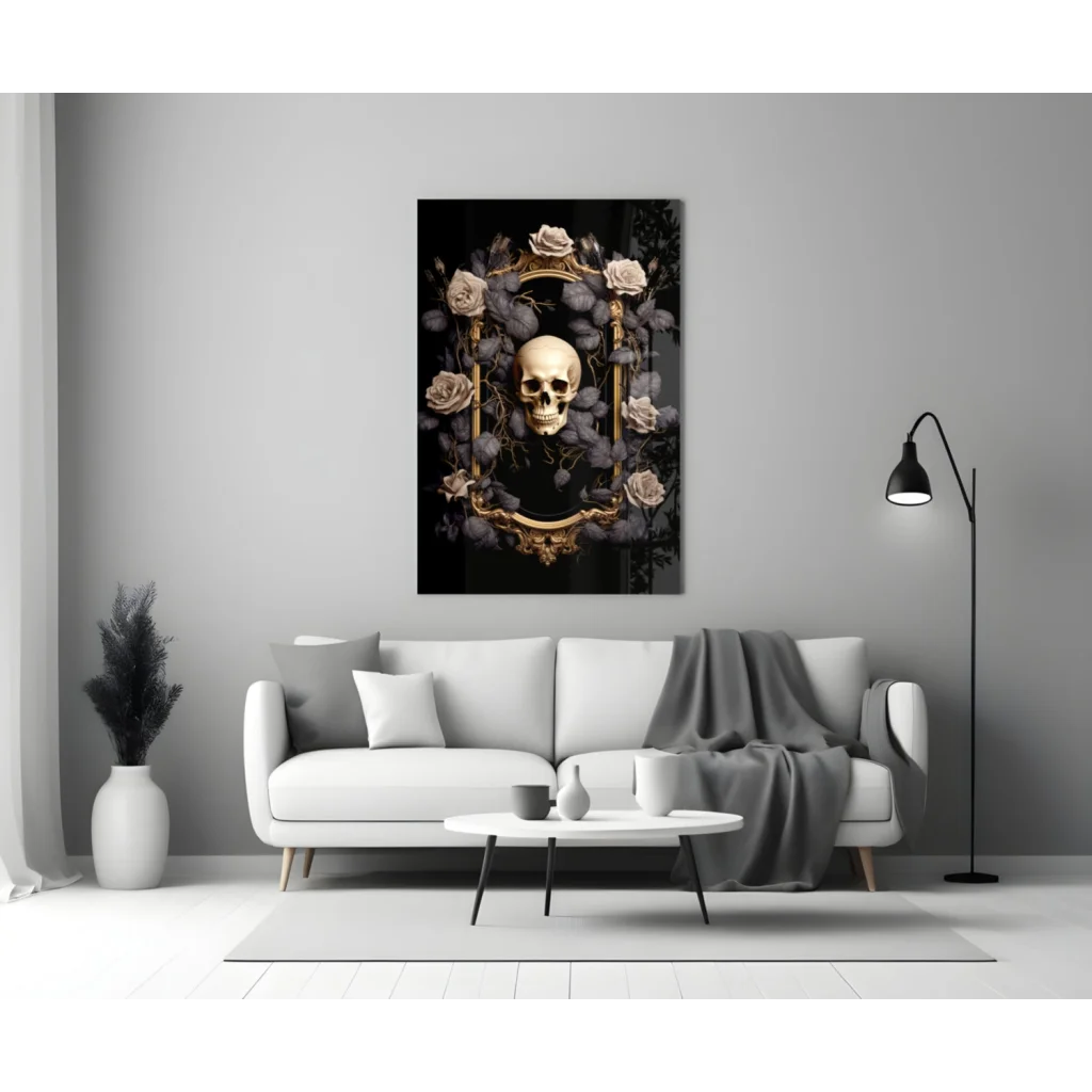 Stunning Skull Rose Glass Wall Art with Gold Frame | Modern Wall Art Decor | vintageantiquesgifts.com