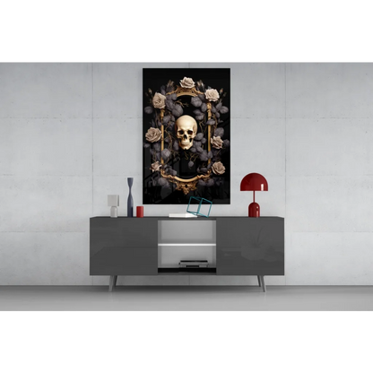 Stunning skull rose glass wall art with gold frame on black canvas