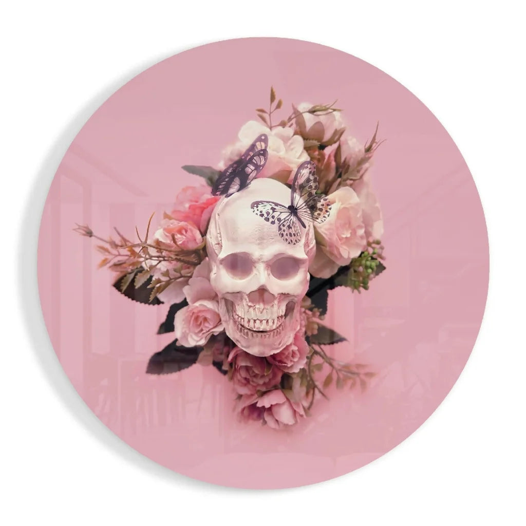 Delicate pink skull with roses and butterflies in tempered glass art