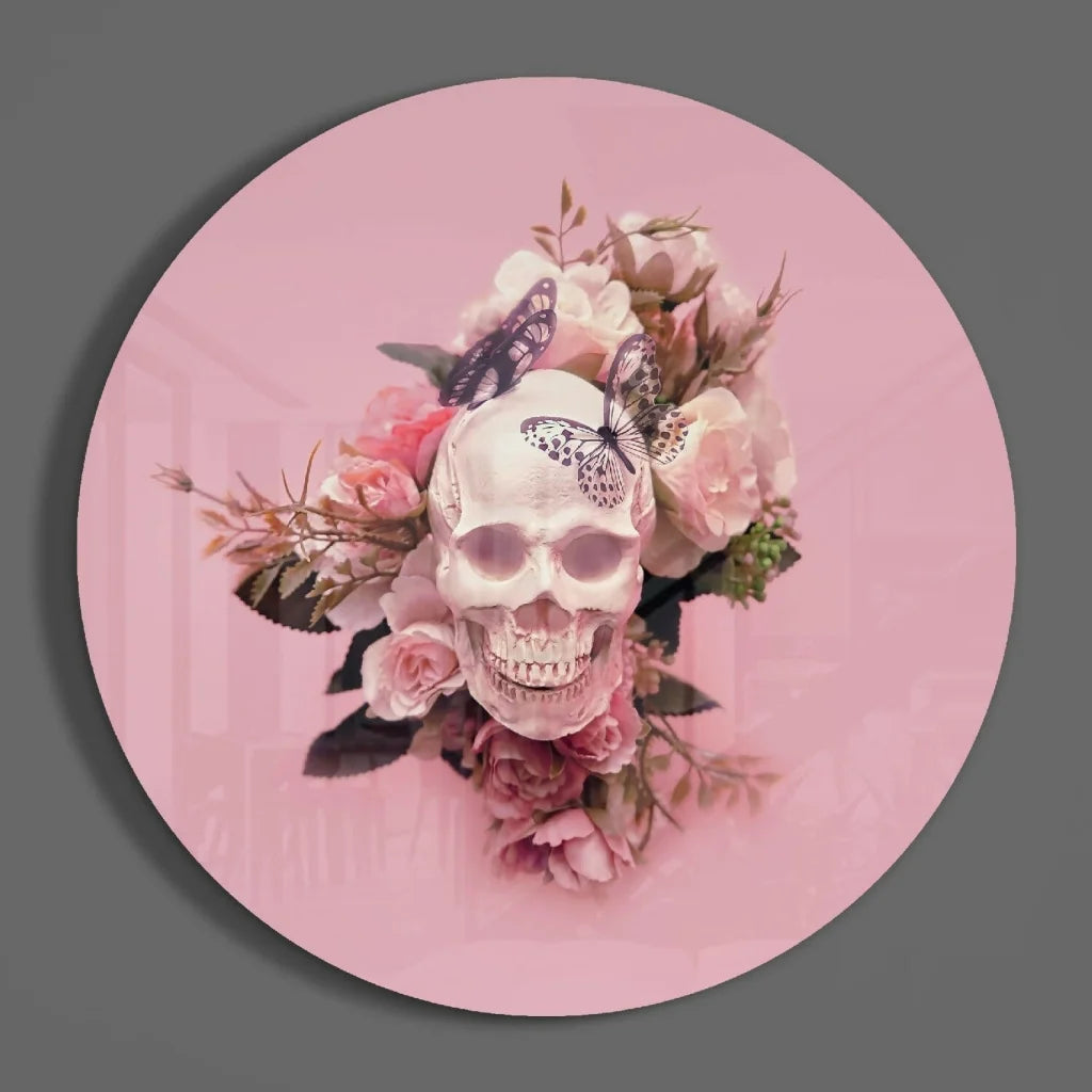 White skull with pink roses and butterflies on tempered glass art, size comparison