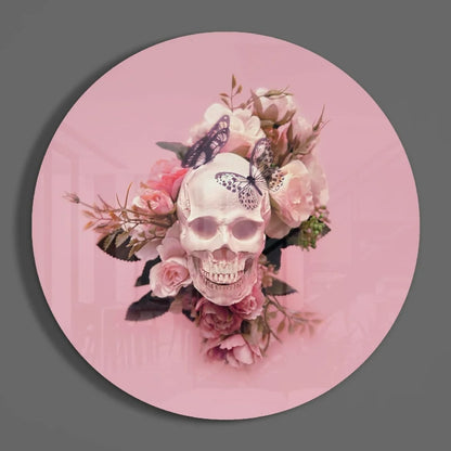 White skull with pink roses and butterflies on tempered glass art, size comparison