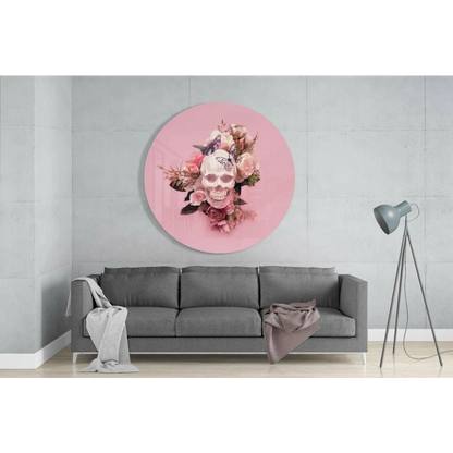 Circular pink skull rose tempered glass art with size comparison