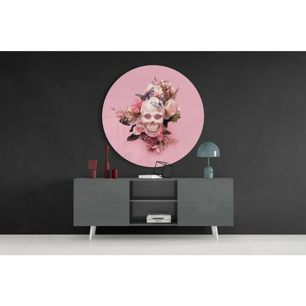 Circular pink skull rose tempered glass art with size comparison