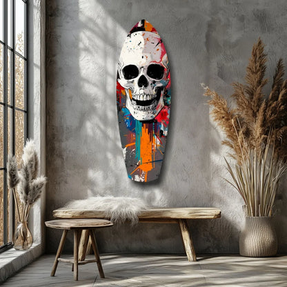 Vibrant graffiti skull tempered glass art on surfboard shape with bold paint splashes