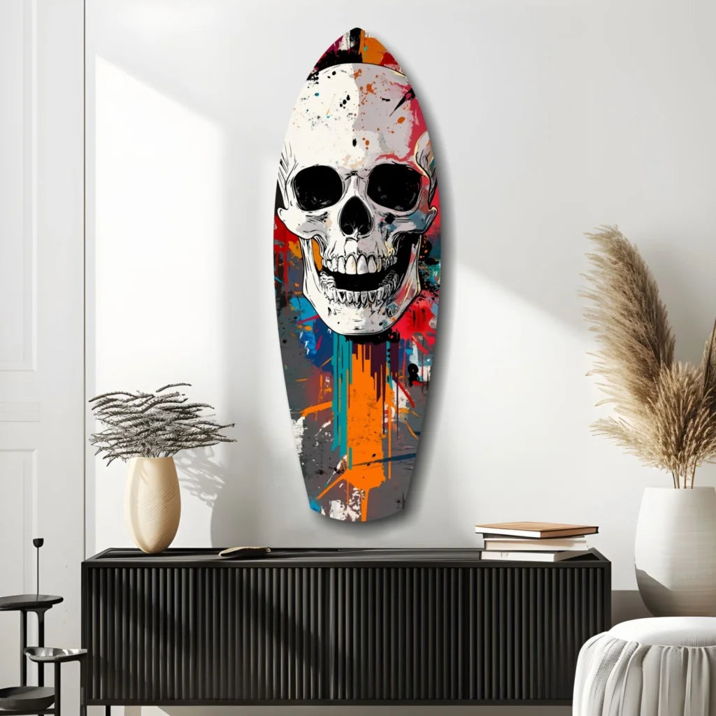 Vibrant graffiti skull on tempered glass art surfboard with bold paint splashes