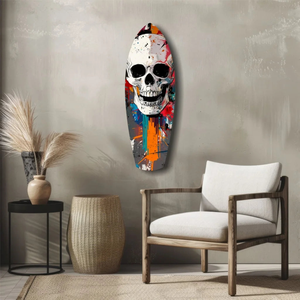 Vibrant graffiti skull on tempered glass art surfboard with bold paint splashes