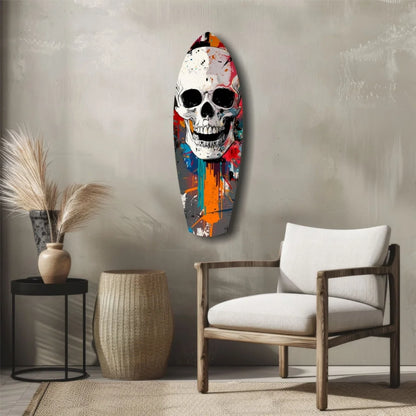 Vibrant graffiti skull on tempered glass art surfboard with bold paint splashes