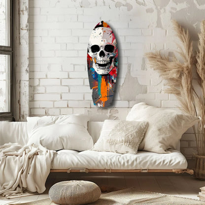 Vibrant graffiti skull tempered glass art surfboard with bold paint splashes