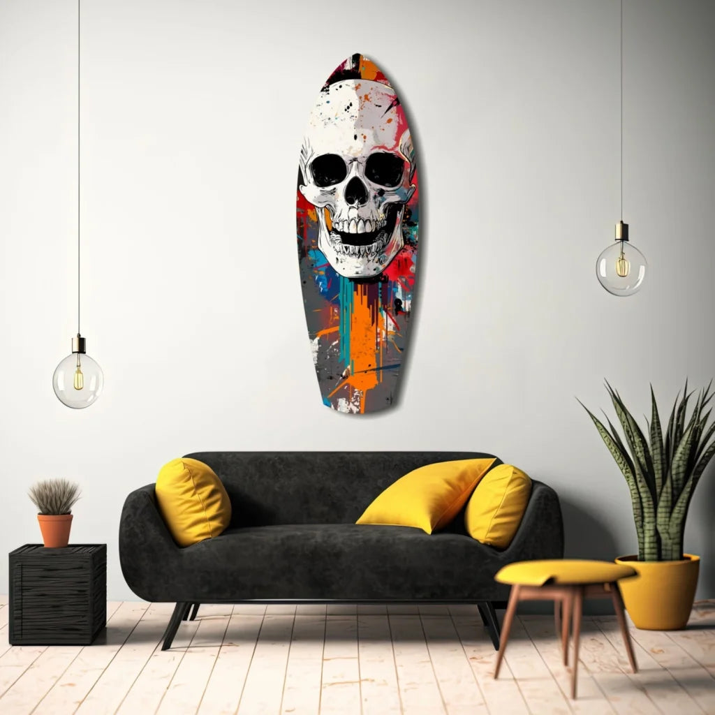 Vibrant graffiti skull tempered glass art surfboard with bold paint splashes