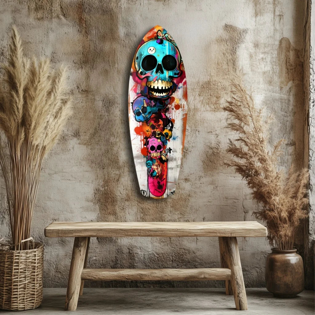 Vibrant blue skull surfboard tempered glass art with colorful skulls, bones, and wooden bench