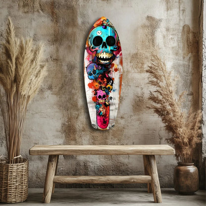 Vibrant blue skull surfboard tempered glass art with colorful skulls, bones, and wooden bench