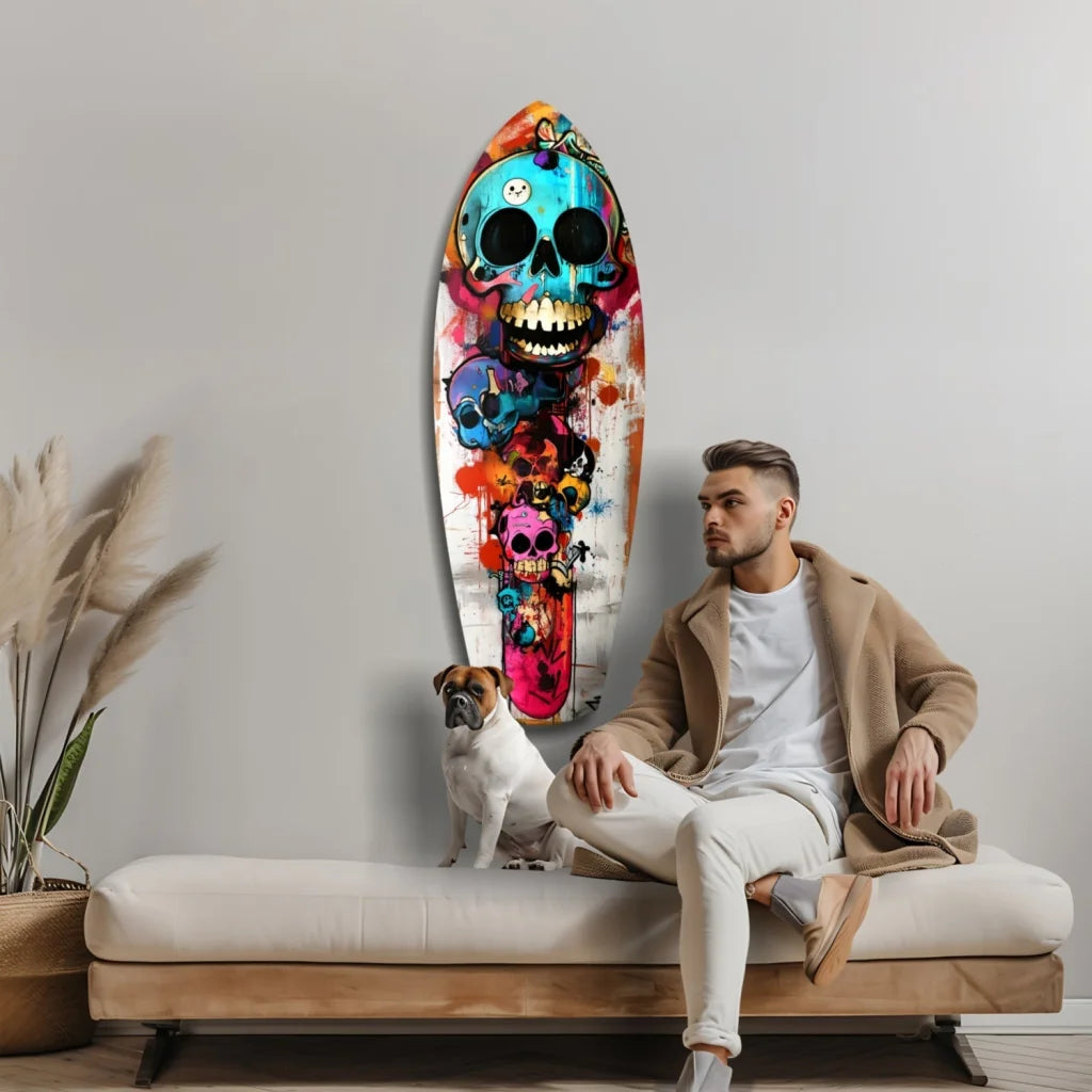 Vibrant skull surfboard tempered glass art on wall