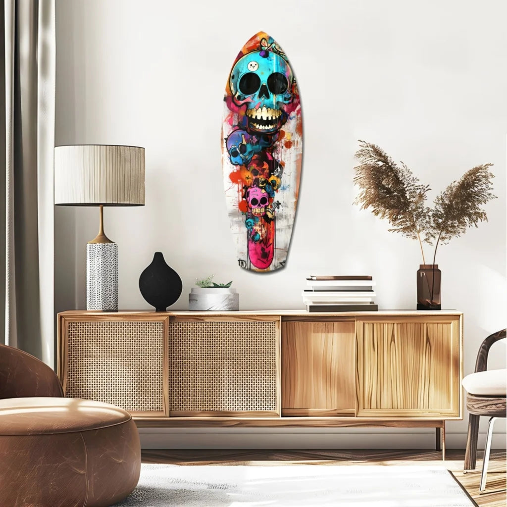 Vibrant skull surfboard tempered glass art in wooden frame