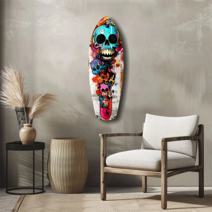 Vibrant tempered glass art of blue skull surfboard with abstract colors