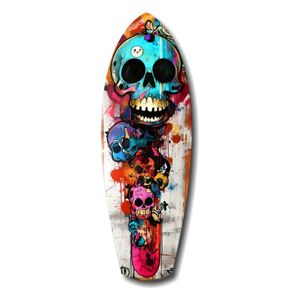 Vibrant blue skull tempered glass art with colorful splatter skateboard design