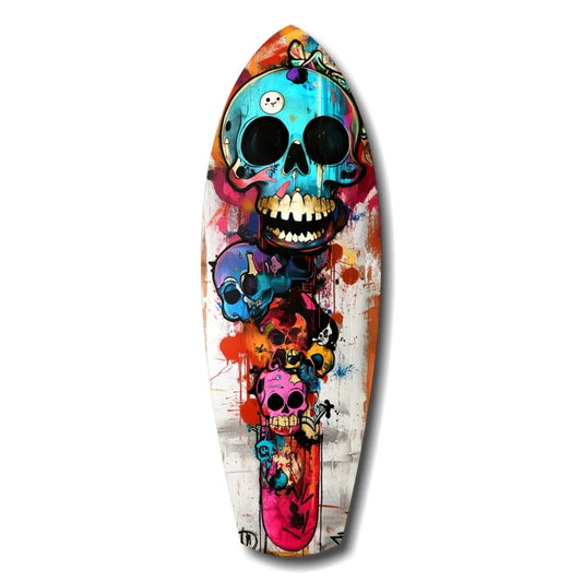 Vibrant blue skull tempered glass art with colorful splatter skateboard design