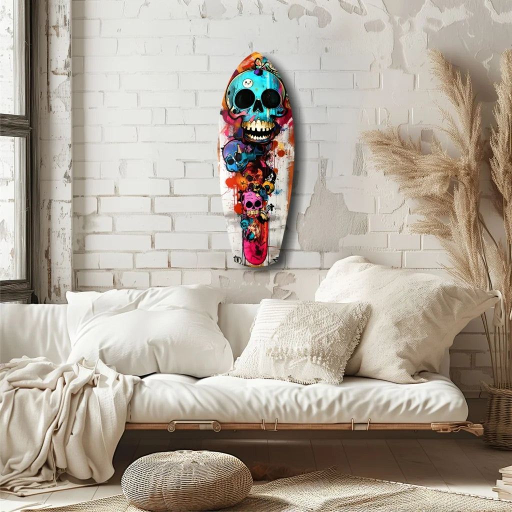 Vibrant skull surfboard tempered glass art with blue floral patterns