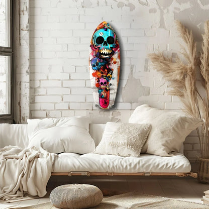 Vibrant skull surfboard tempered glass art with blue floral patterns
