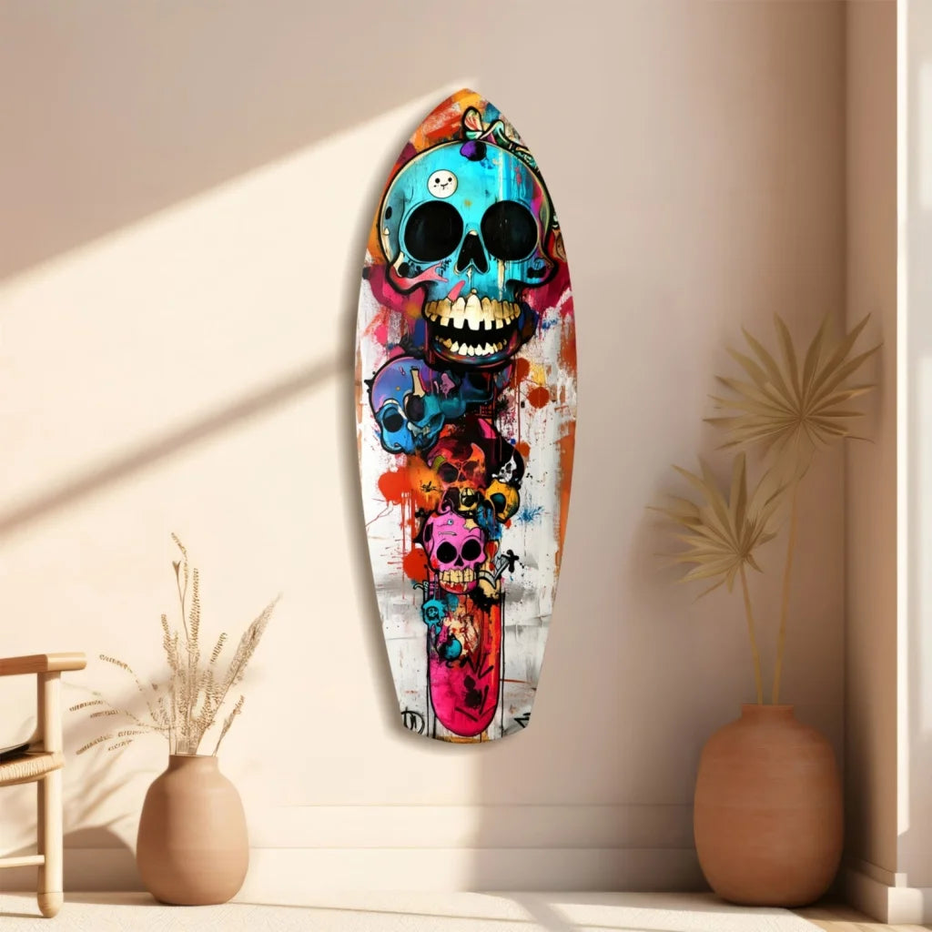 Vibrant multi-colored skull surfboard tempered glass art with size comparison